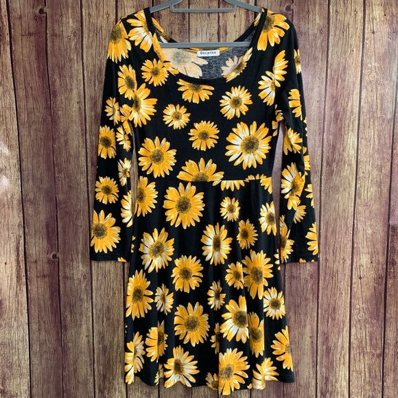 becanbe Dresses & Skirts - Becanbe Black Floral Long Sleeve A-Line Dress